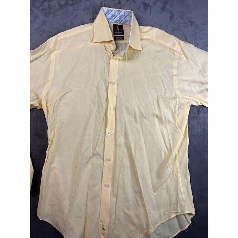 Tailorbyrd Button Shirt Linen Blend yellow check Mens Medium Long Sleeve Collar